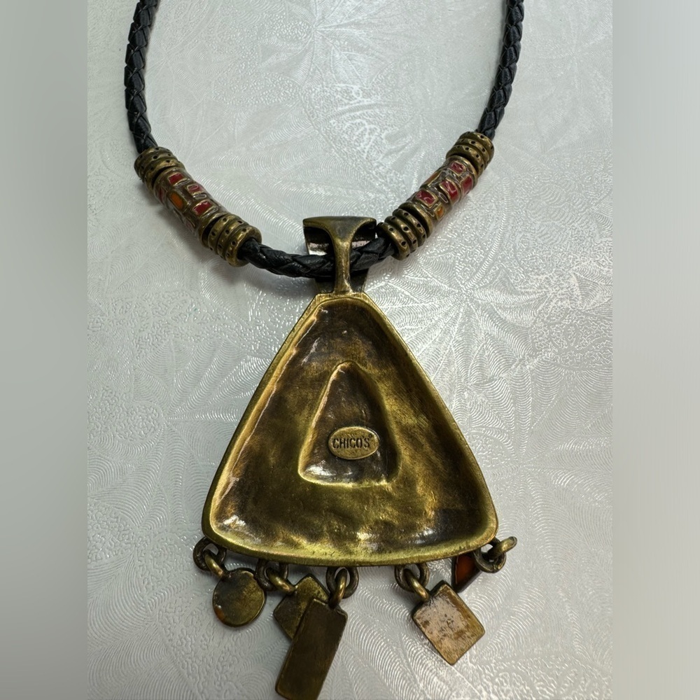 Chico’s Boho Tribal Enamel Antiqued Gold Black Braided Leather Chain Necklace - Picture 5 of 6
